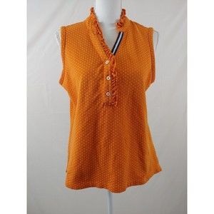 Lands End Womens Top Medium Sleeveless Orange Polka Dot Ruffle Collar Cotton